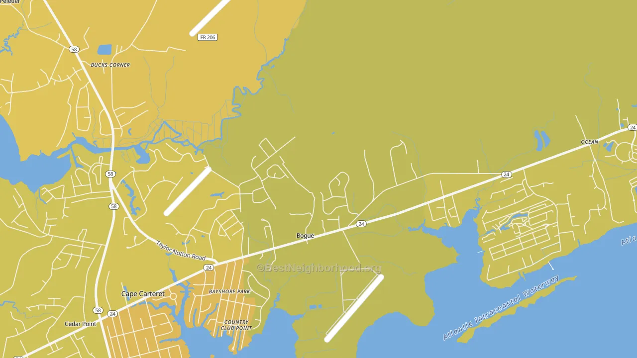 Map of the best neighborhoods in the Bogue area, with better matches in green and worse matches in red