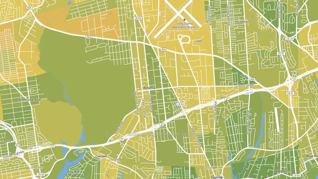 Map of the best neighborhoods in the Bohemia area, with better matches in green and worse matches in red