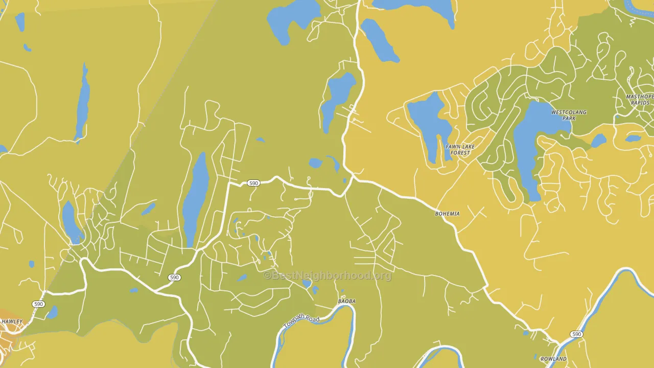 Map of the best neighborhoods in the Bohemia area, with better matches in green and worse matches in red