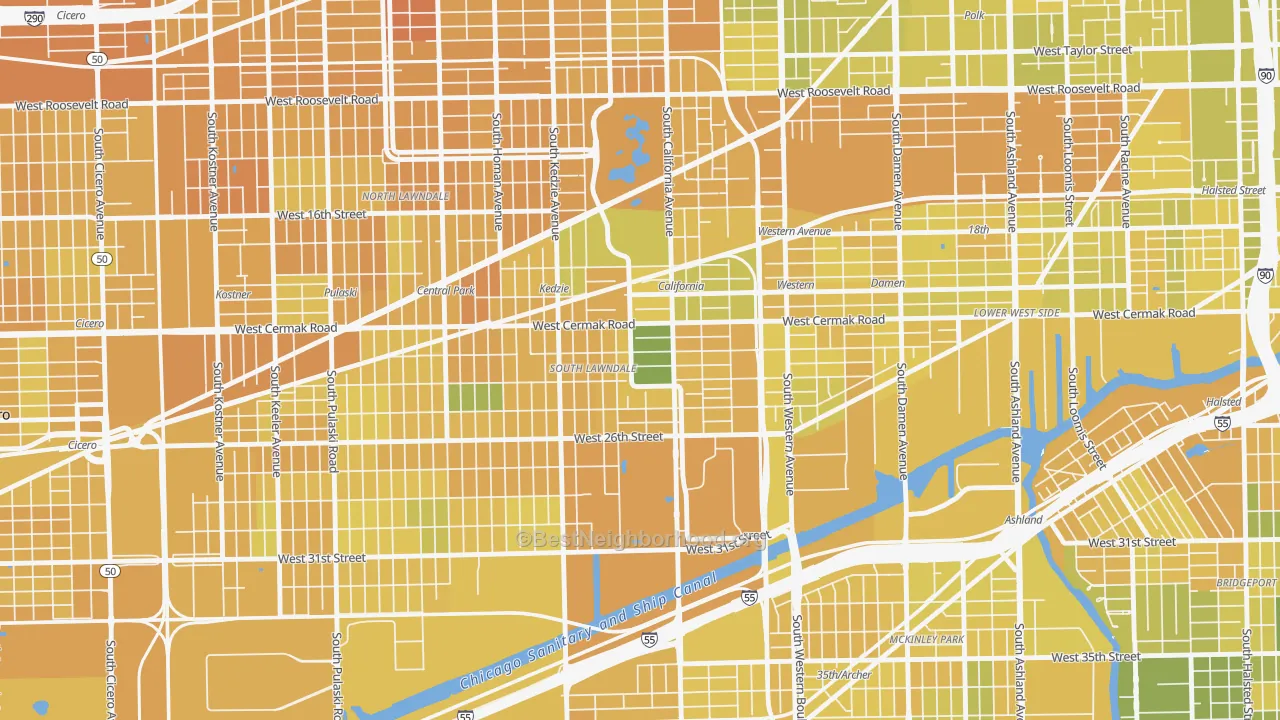 Map of the best neighborhoods in the Bohemian California, Chicago area, with better matches in green and worse matches in red