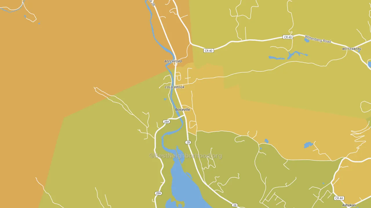 Map of the best neighborhoods in the Boiceville area, with better matches in green and worse matches in red