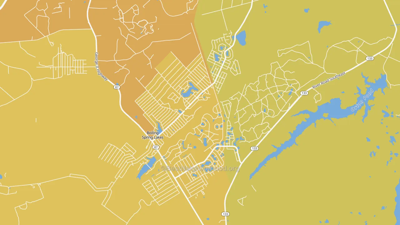 Map of the best neighborhoods in the Boiling Spring Lakes area, with better matches in green and worse matches in red