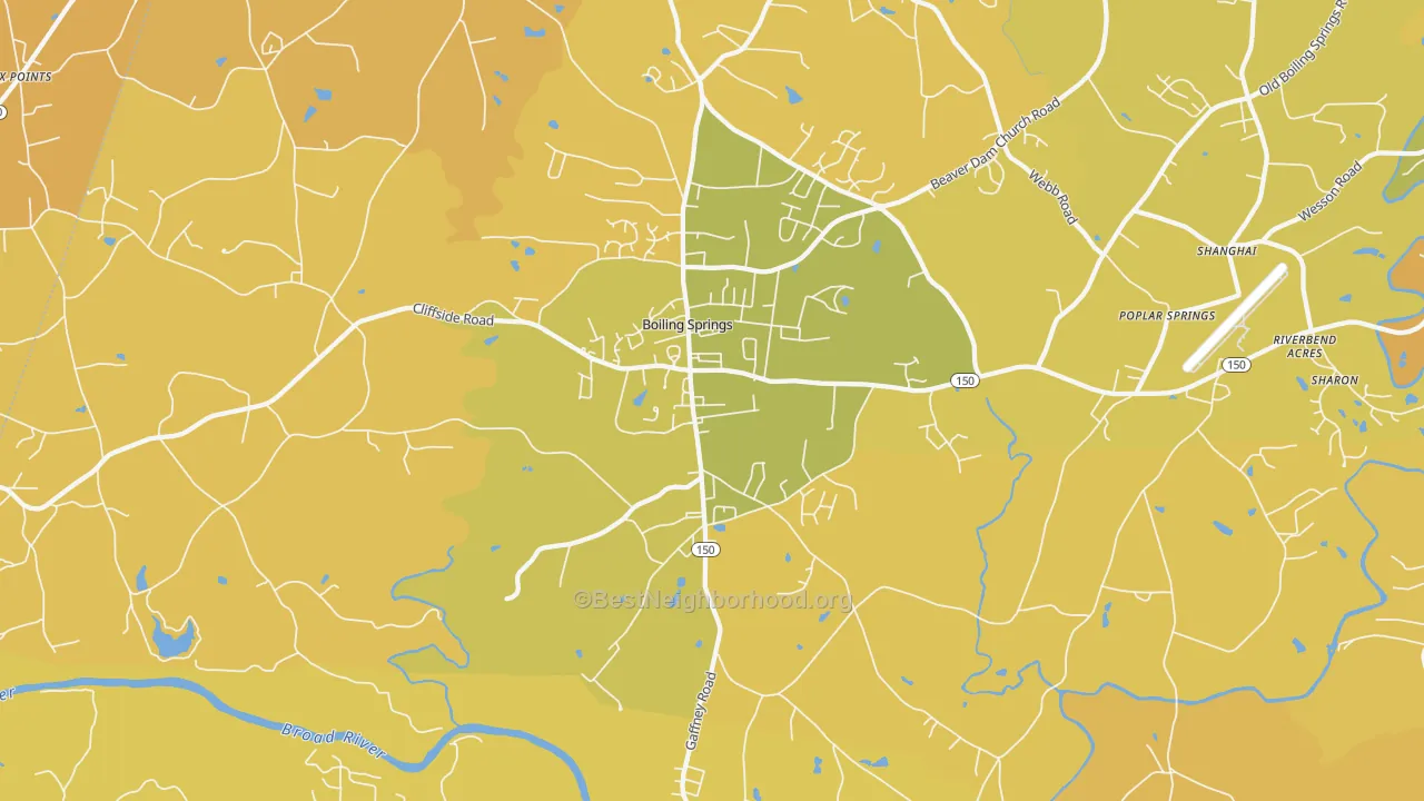 Map of the best neighborhoods in the Boiling Springs area, with better matches in green and worse matches in red