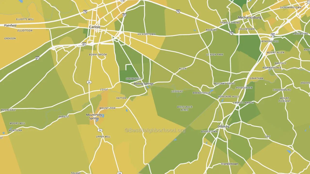 Map of the best neighborhoods in the Boiling Springs area, with better matches in green and worse matches in red