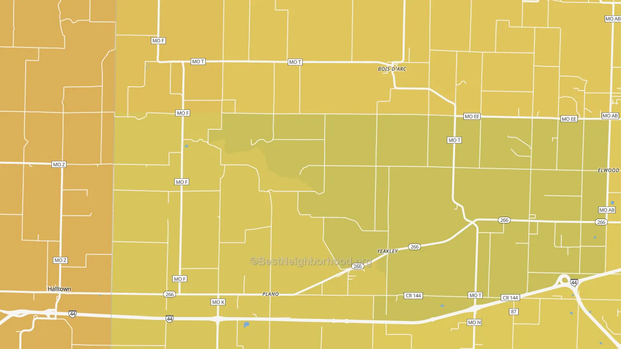 Map of the best neighborhoods in the Bois D Arc area, with better matches in green and worse matches in red