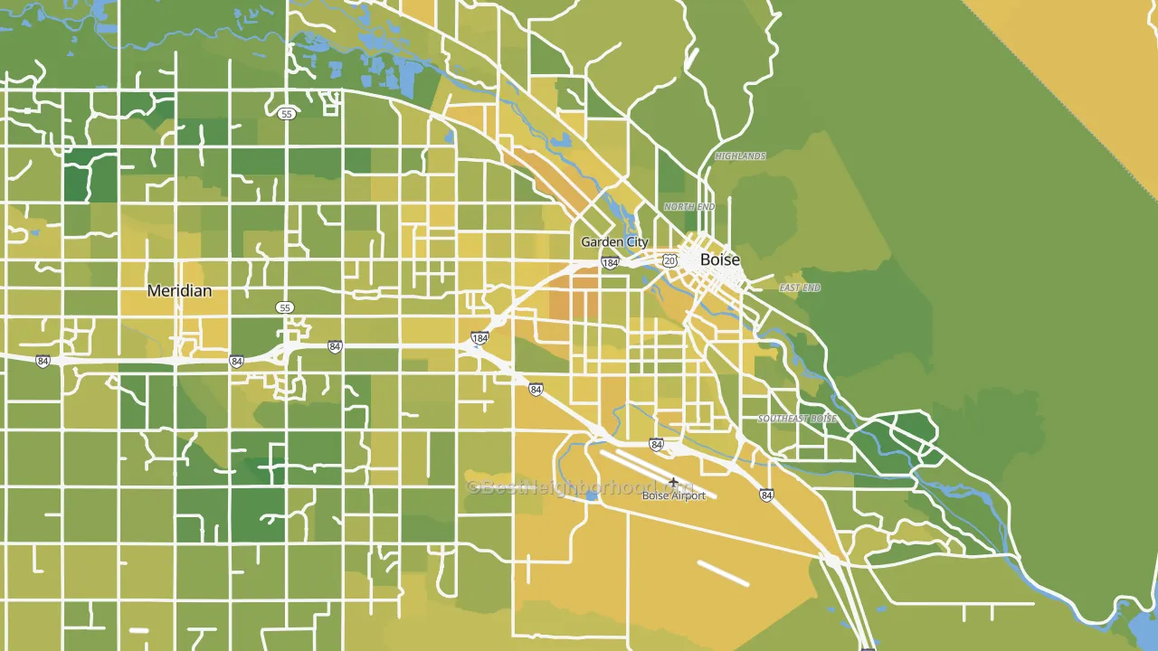 Map of the best neighborhoods in the Boise Metro area, with better matches in green and worse matches in red