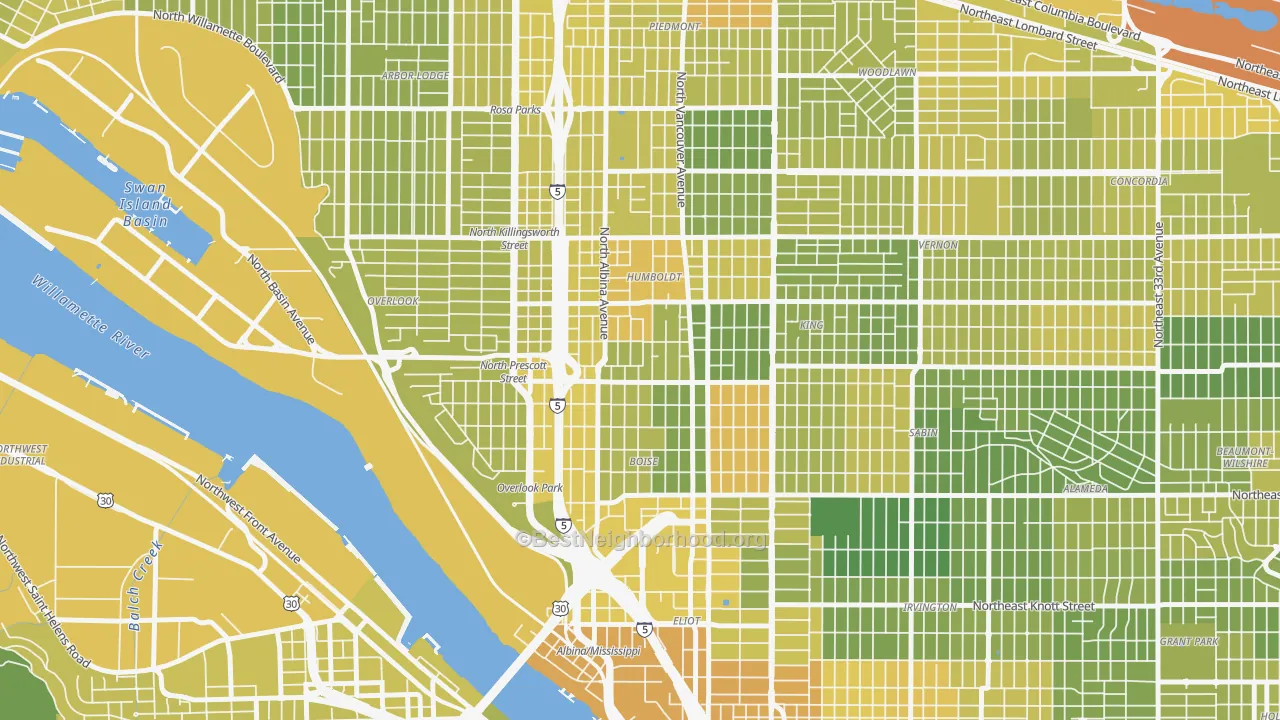 Map of the best neighborhoods in the Boise, Portland area, with better matches in green and worse matches in red