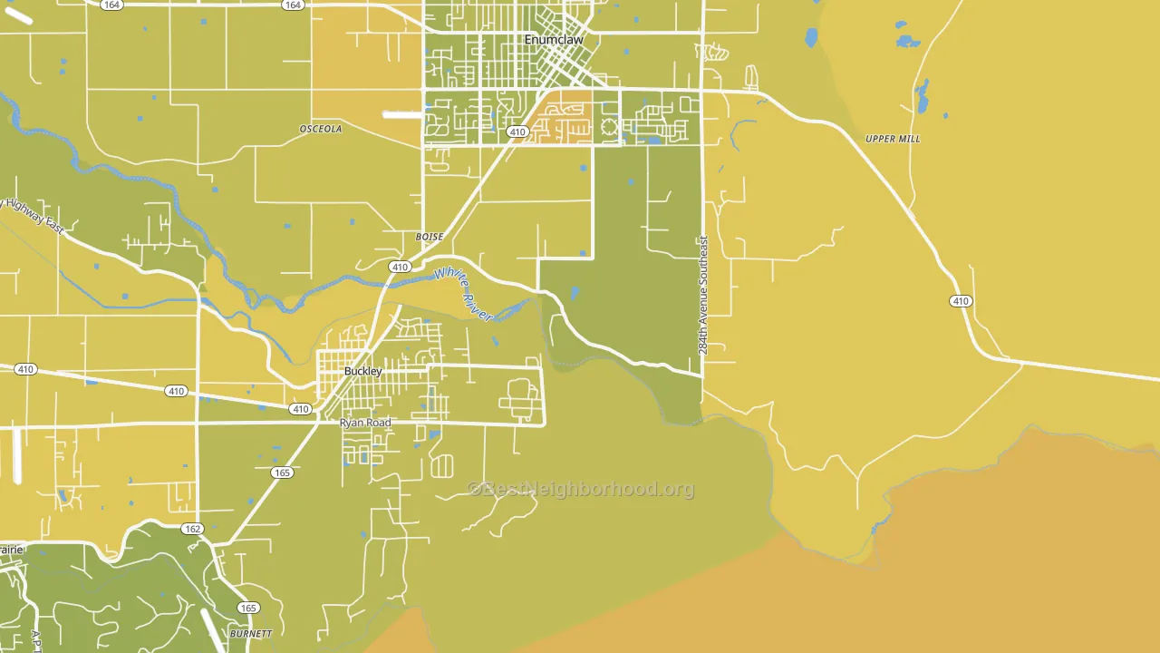 Map of the best neighborhoods in the Boise area, with better matches in green and worse matches in red
