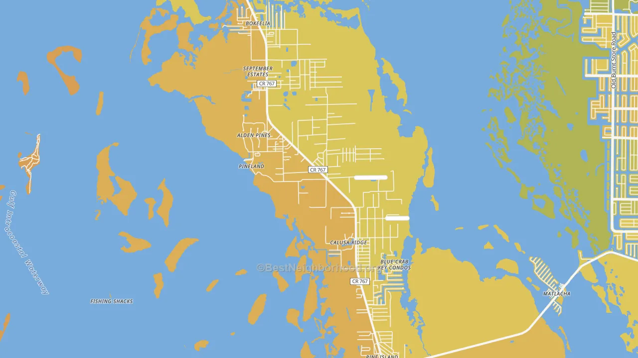 Map of the best neighborhoods in the Bokeelia area, with better matches in green and worse matches in red