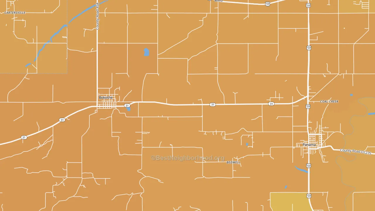 Map of the best neighborhoods in the Bokoshe area, with better matches in green and worse matches in red