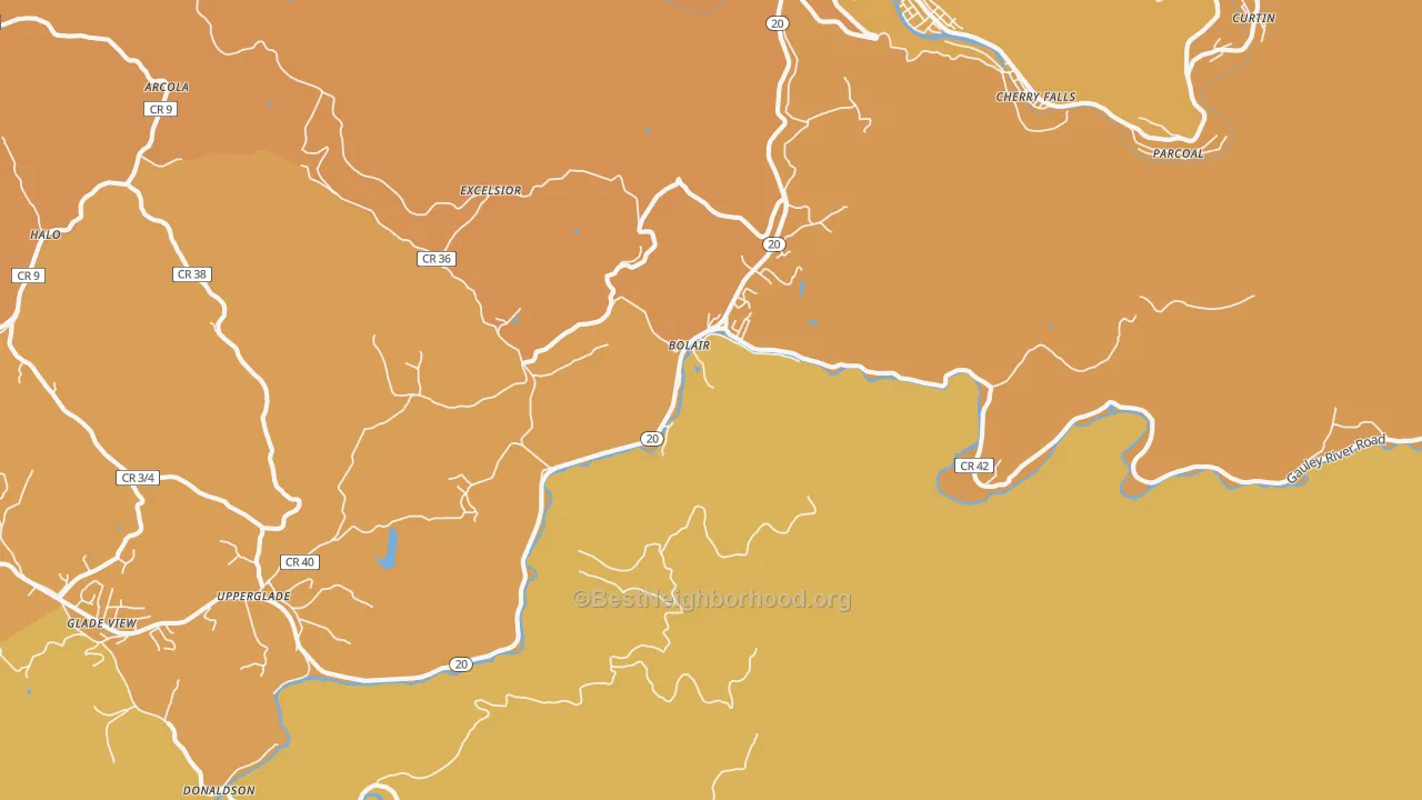 Map of the best neighborhoods in the Bolair area, with better matches in green and worse matches in red