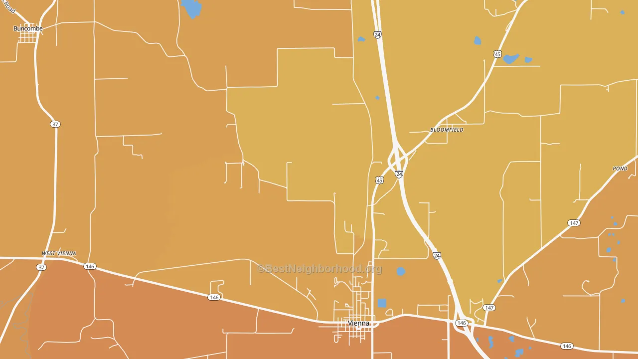 Map of the best neighborhoods in the Boles area, with better matches in green and worse matches in red