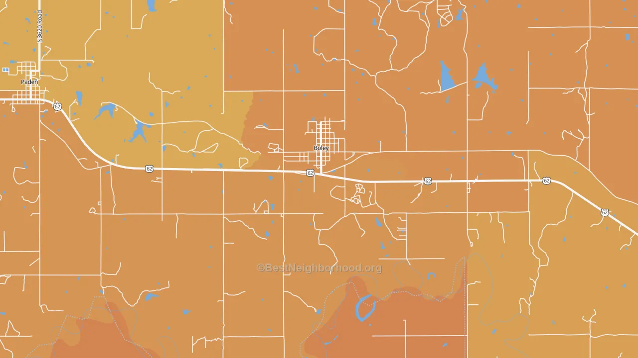 Map of the best neighborhoods in the Boley area, with better matches in green and worse matches in red