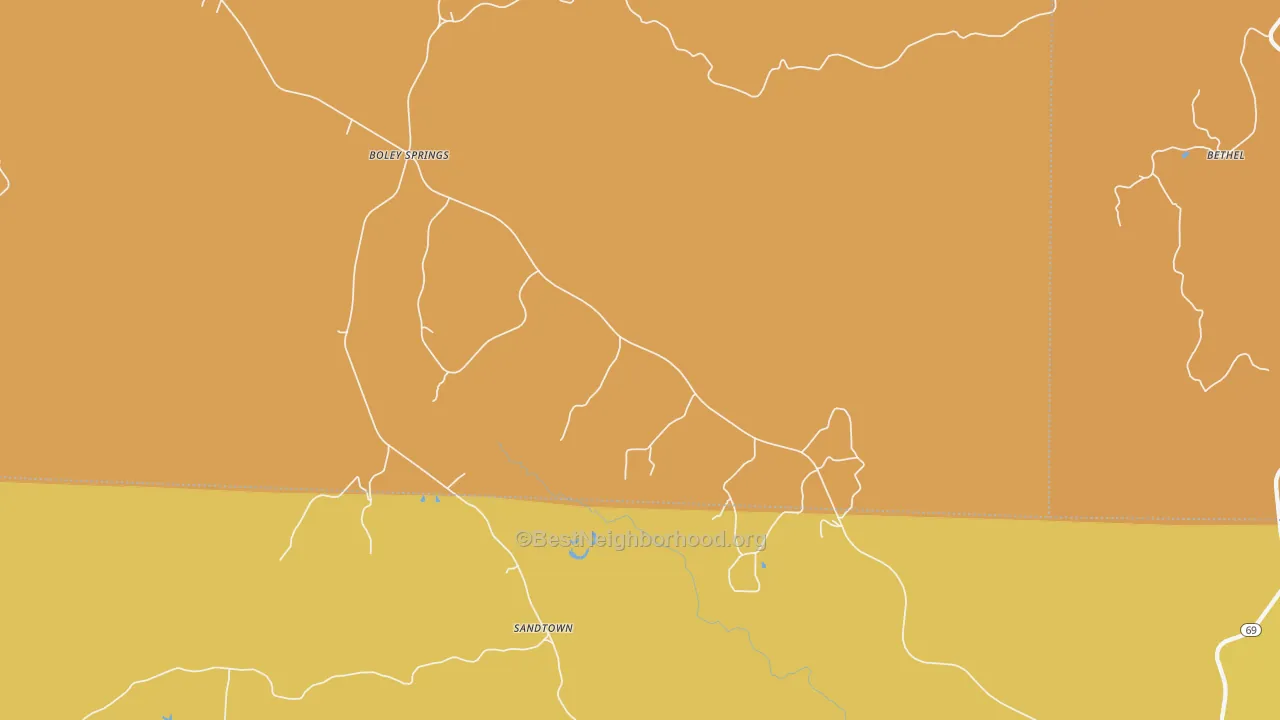 Map of the best neighborhoods in the Boley Springs area, with better matches in green and worse matches in red