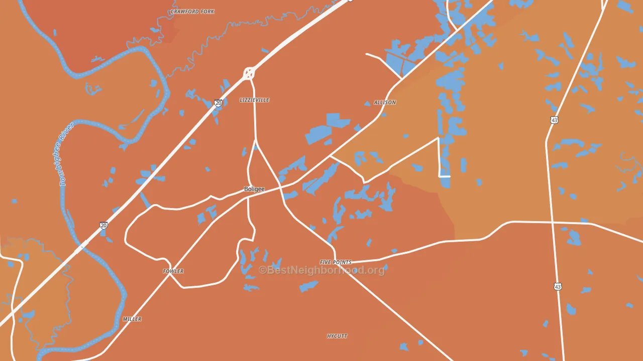 Map of the best neighborhoods in the Boligee area, with better matches in green and worse matches in red