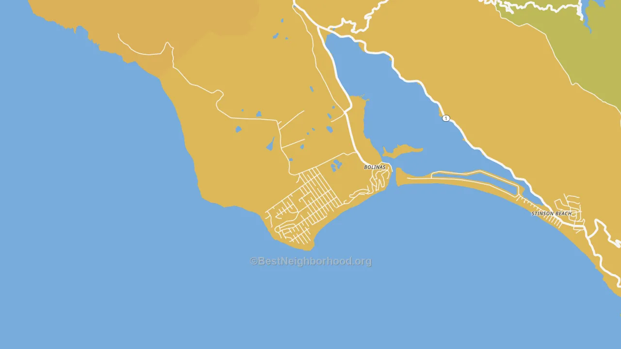 Map of the best neighborhoods in the Bolinas area, with better matches in green and worse matches in red