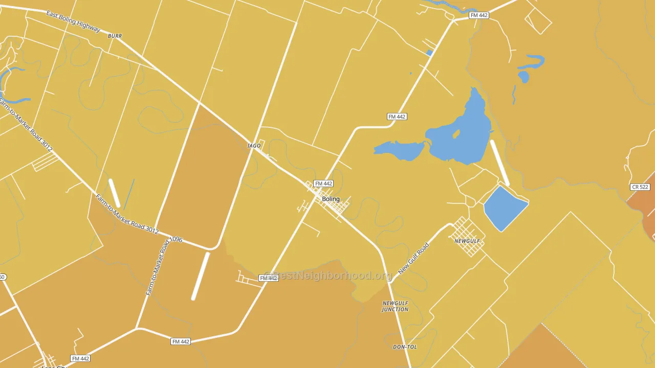 Map of the best neighborhoods in the Boling area, with better matches in green and worse matches in red