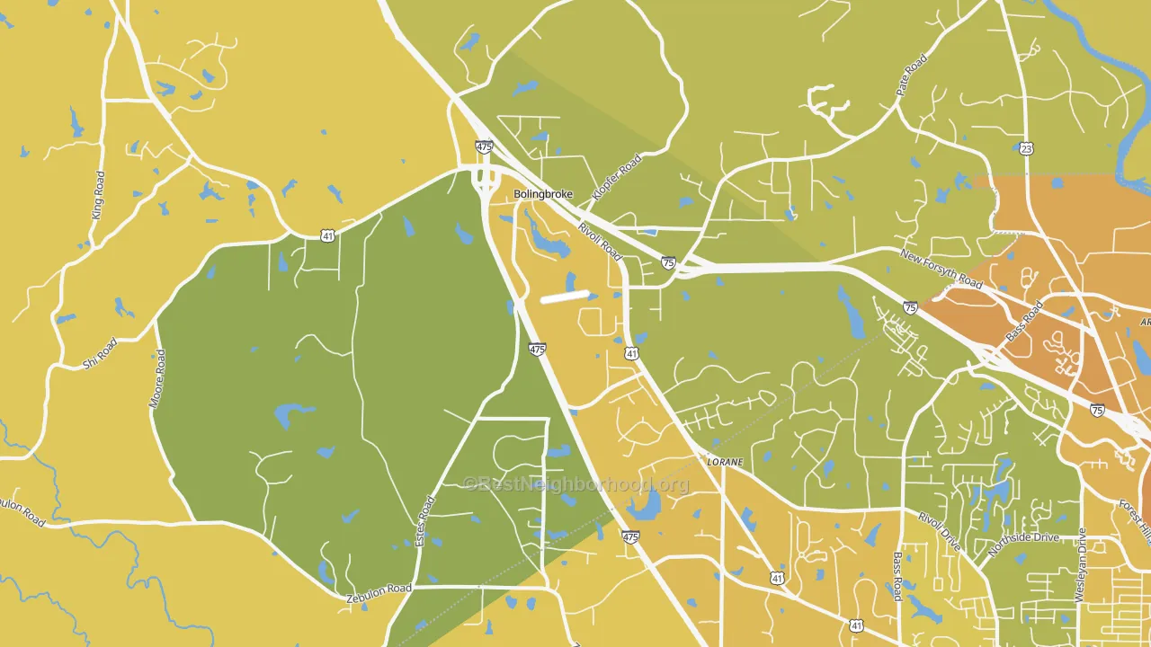Map of the best neighborhoods in the Bolingbroke area, with better matches in green and worse matches in red