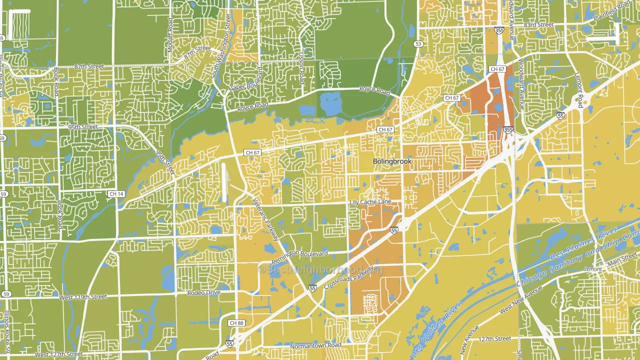 Map of the best neighborhoods in the Bolingbrook area, with better matches in green and worse matches in red