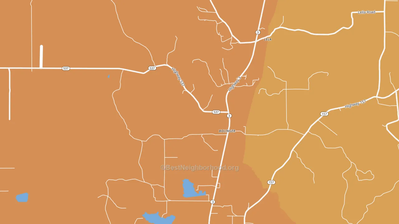 Map of the best neighborhoods in the Bolinger area, with better matches in green and worse matches in red