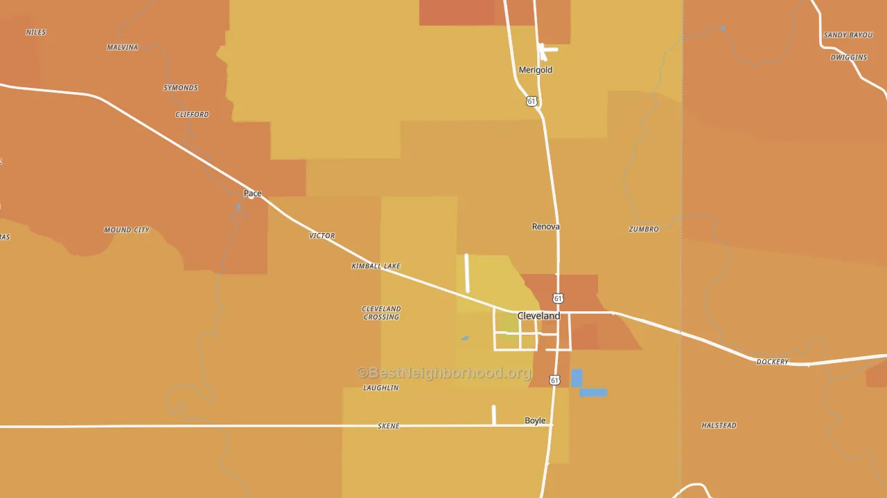 Map of the best neighborhoods in the Bolivar County area, with better matches in green and worse matches in red