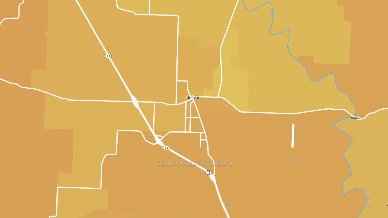 Map of the best neighborhoods in the Bolivar area, with better matches in green and worse matches in red