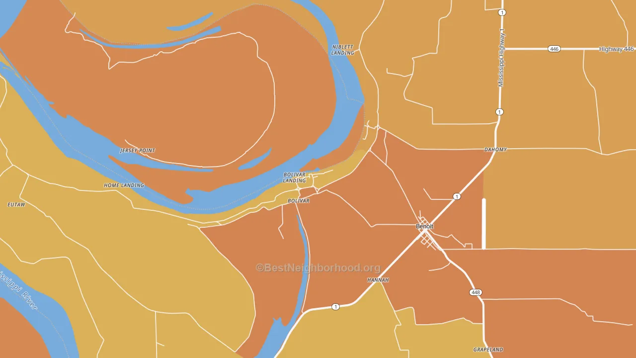 Map of the best neighborhoods in the Bolivar area, with better matches in green and worse matches in red