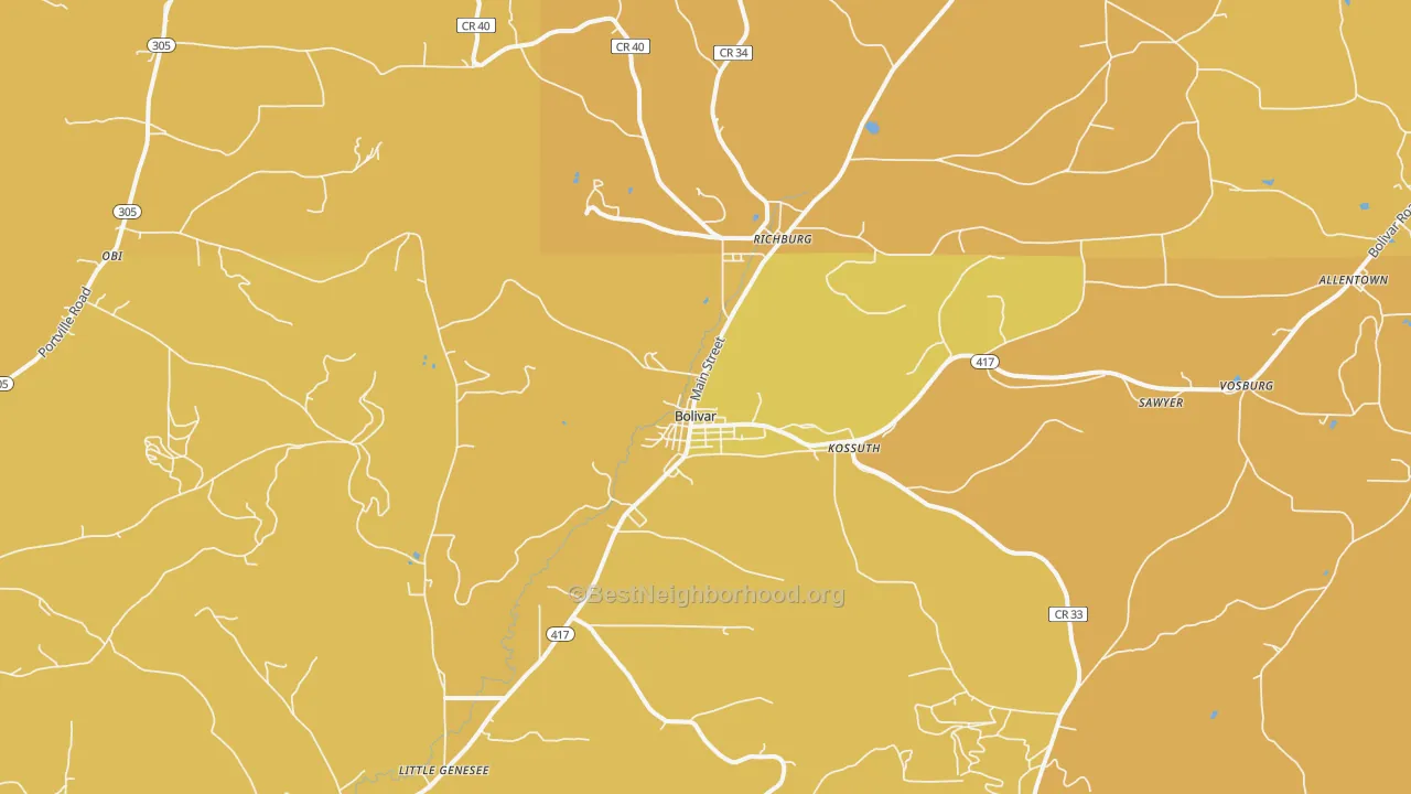 Map of the best neighborhoods in the Bolivar area, with better matches in green and worse matches in red