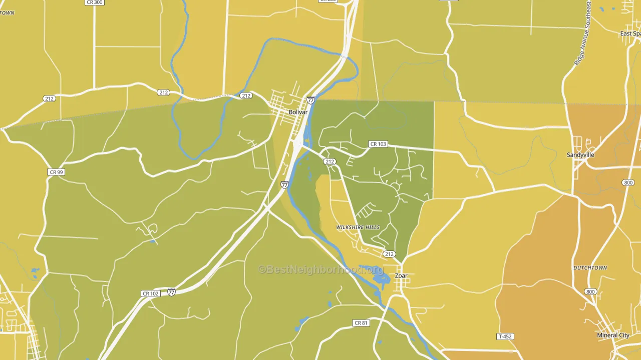 Map of the best neighborhoods in the Bolivar area, with better matches in green and worse matches in red