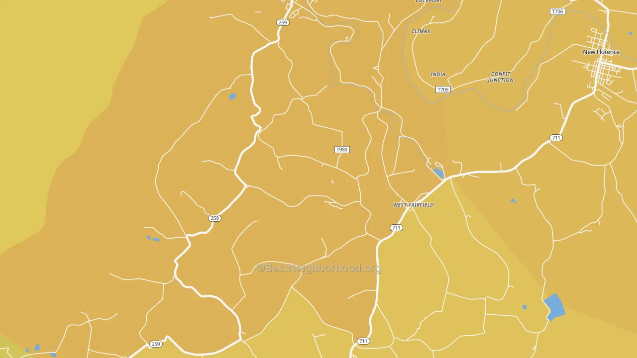 Map of the best neighborhoods in the Bolivar area, with better matches in green and worse matches in red