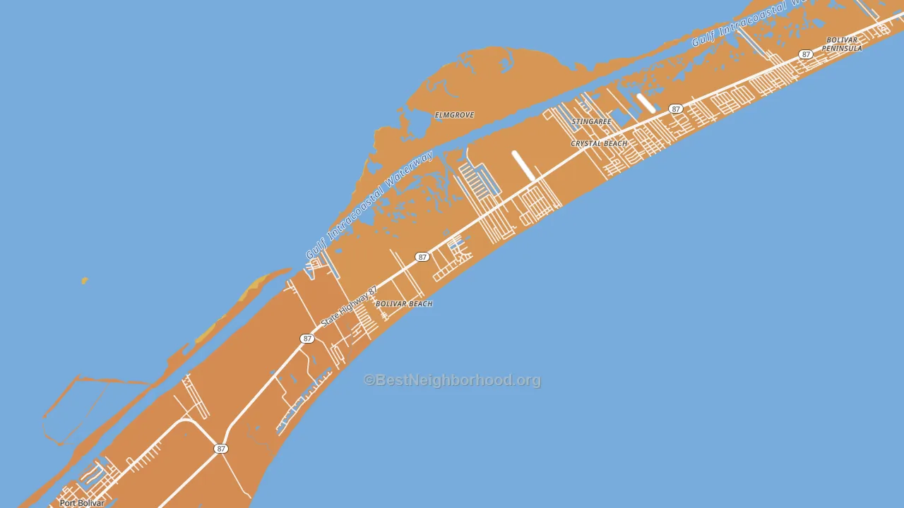 Map of the best neighborhoods in the Bolivar Peninsula area, with better matches in green and worse matches in red