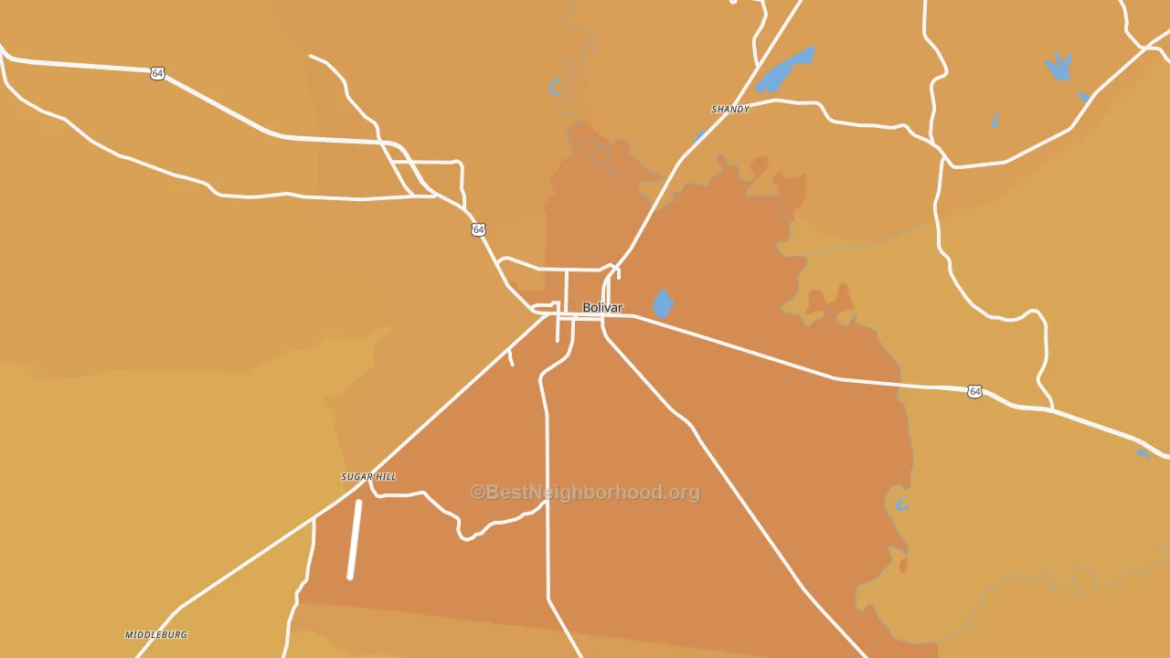 Map of the best neighborhoods in the Bolivar area, with better matches in green and worse matches in red