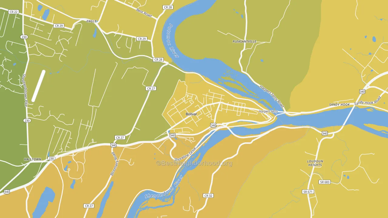 Map of the best neighborhoods in the Bolivar area, with better matches in green and worse matches in red