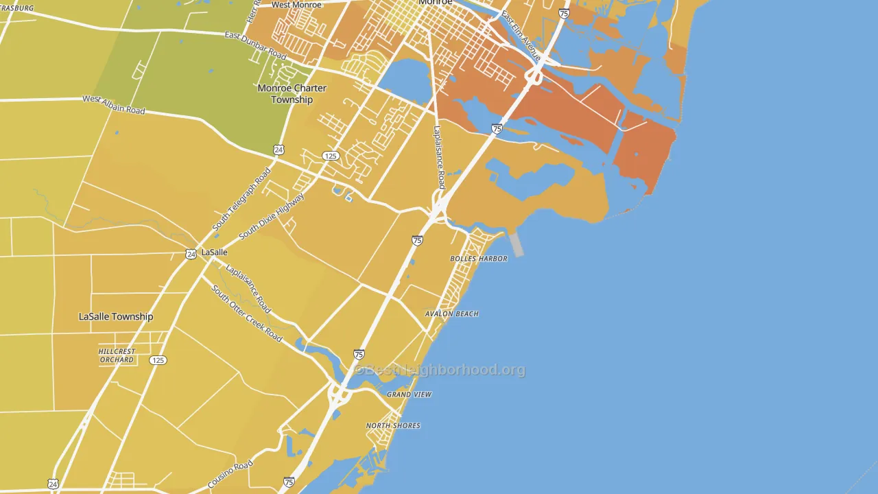 Map of the best neighborhoods in the Bolles Harbor area, with better matches in green and worse matches in red