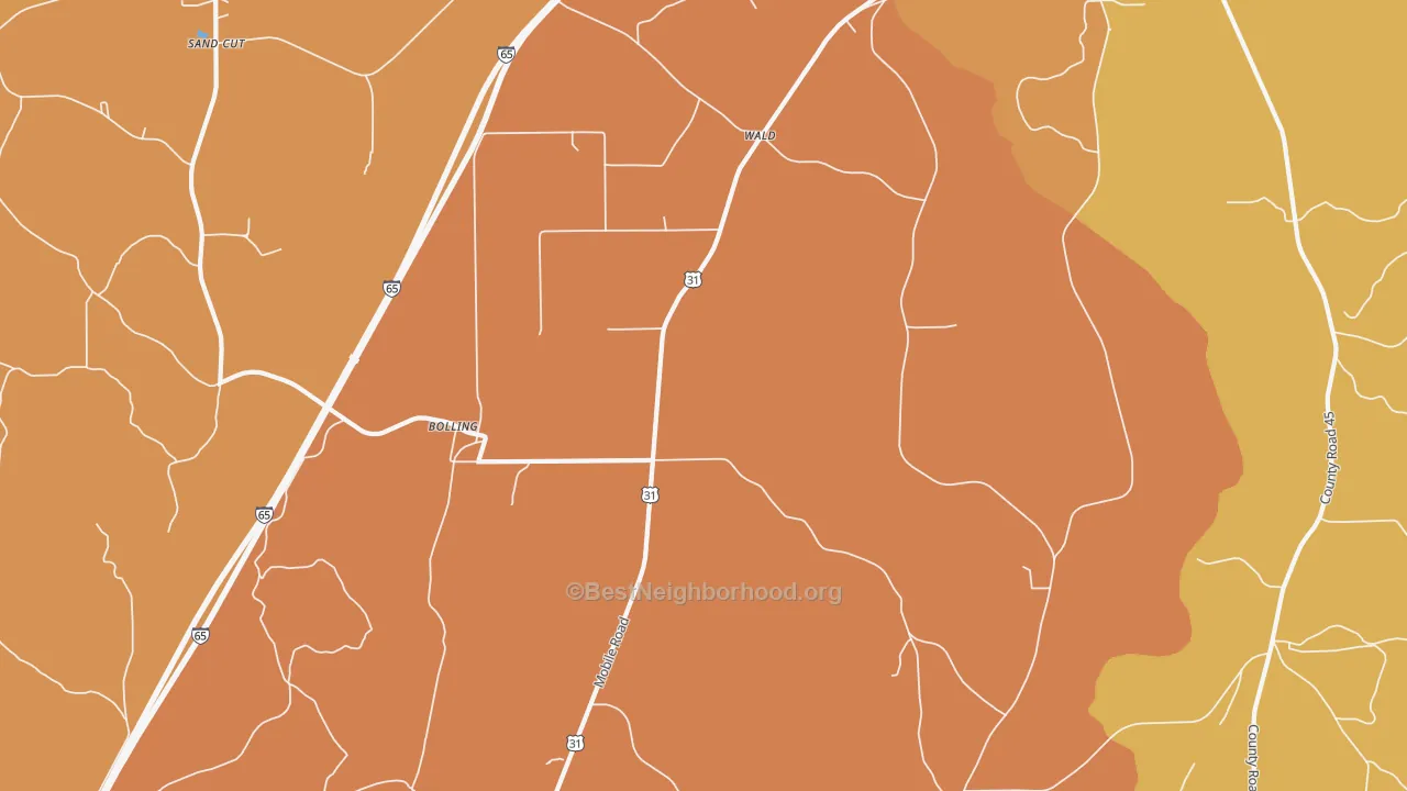 Map of the best neighborhoods in the Bolling area, with better matches in green and worse matches in red