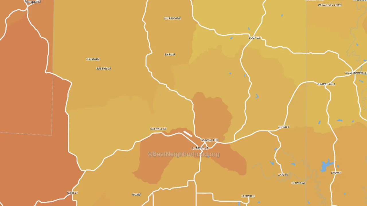Map of the best neighborhoods in the Bollinger County area, with better matches in green and worse matches in red