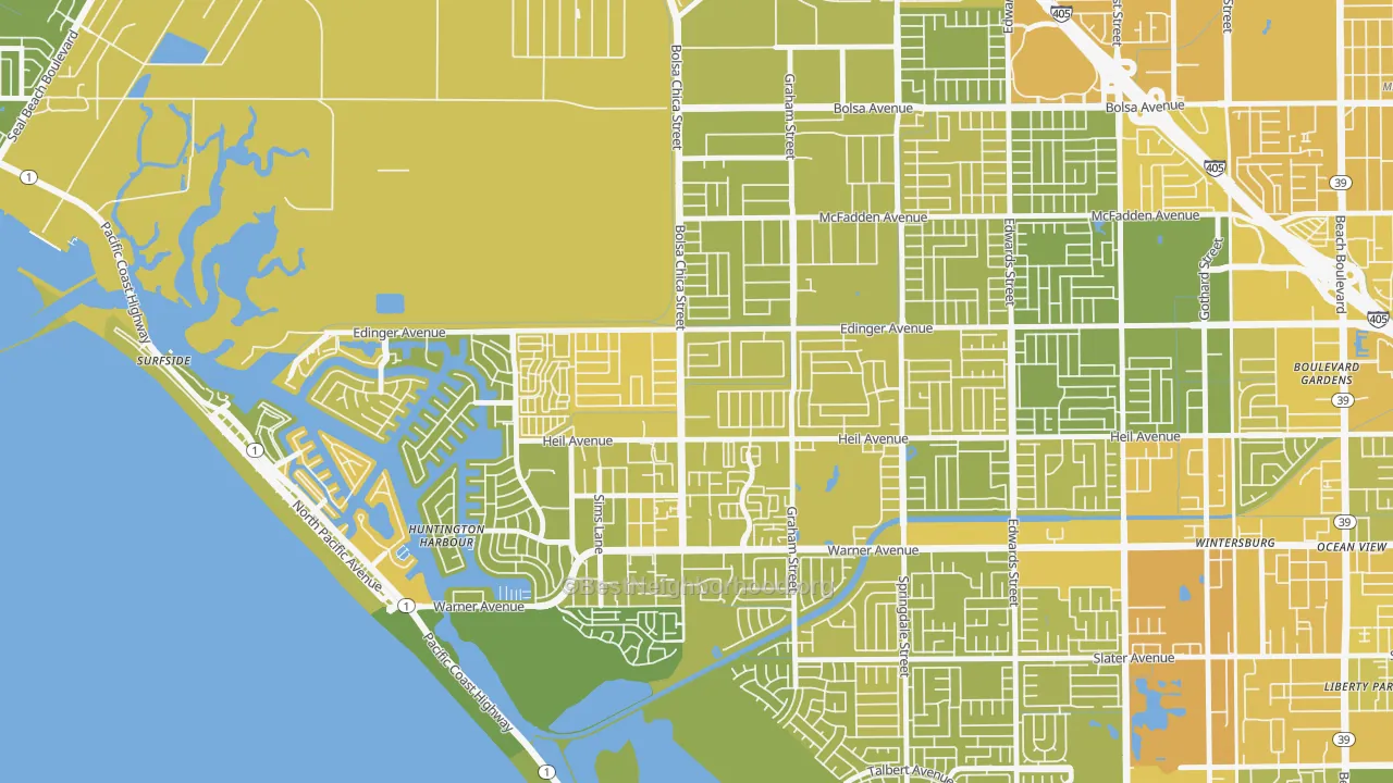 Map of the best neighborhoods in the Bolsa Chica-Heil, Huntington Beach area, with better matches in green and worse matches in red
