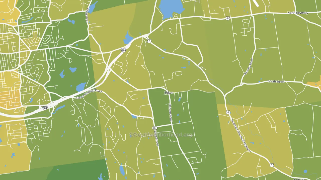 Map of the best neighborhoods in the Bolton area, with better matches in green and worse matches in red