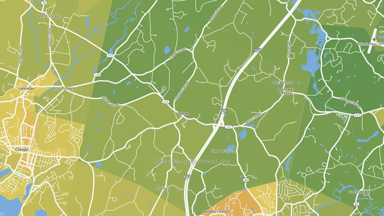 Map of the best neighborhoods in the Bolton area, with better matches in green and worse matches in red