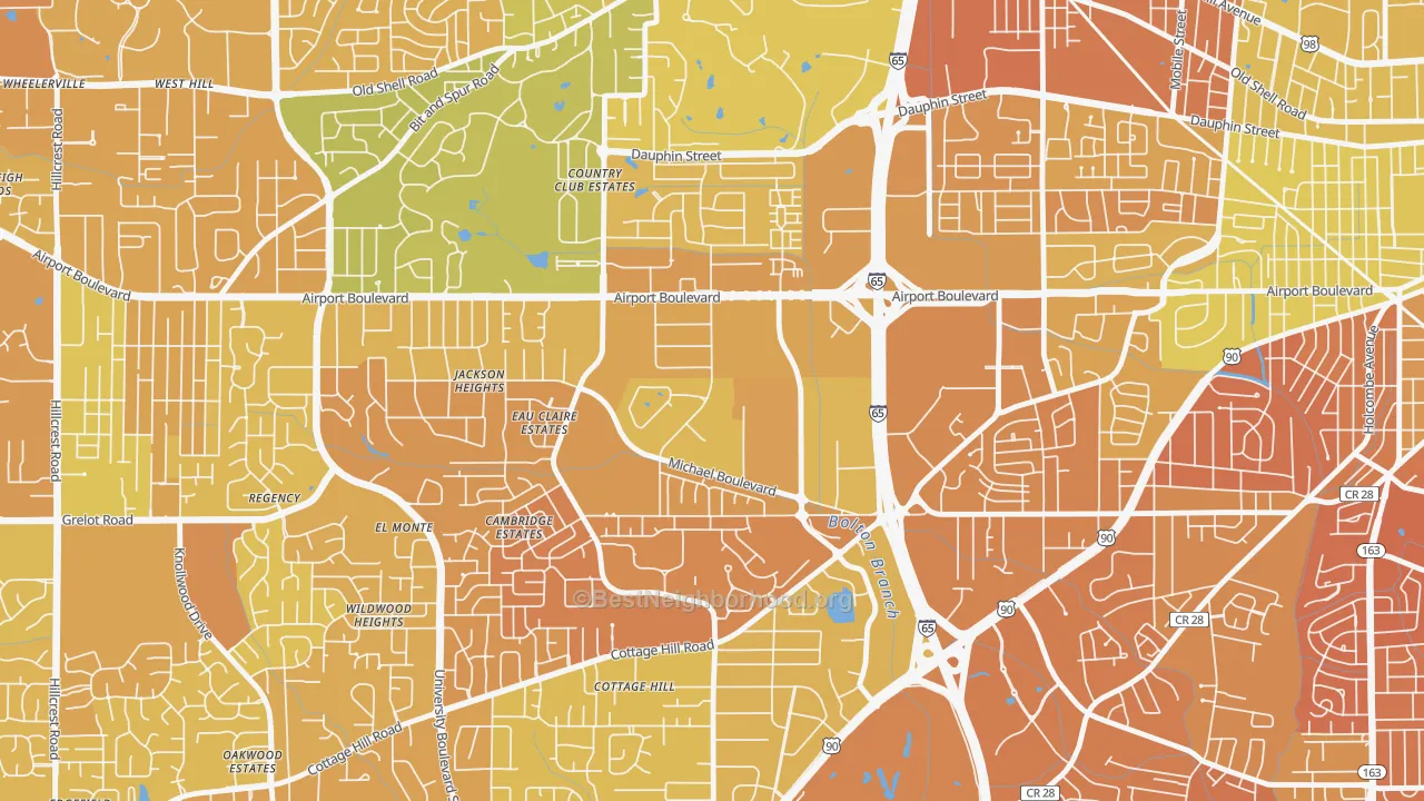 Map of the best neighborhoods in the Bolton, Mobile area, with better matches in green and worse matches in red