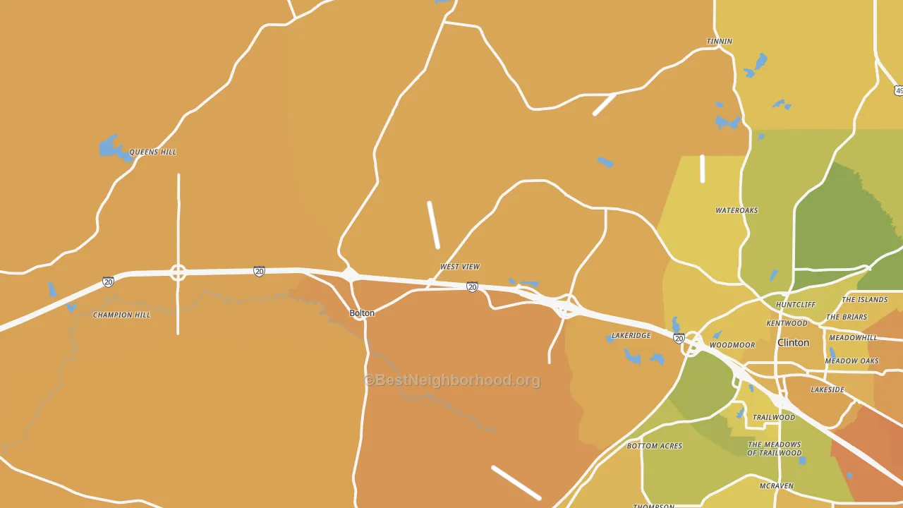 Map of the best neighborhoods in the Bolton area, with better matches in green and worse matches in red