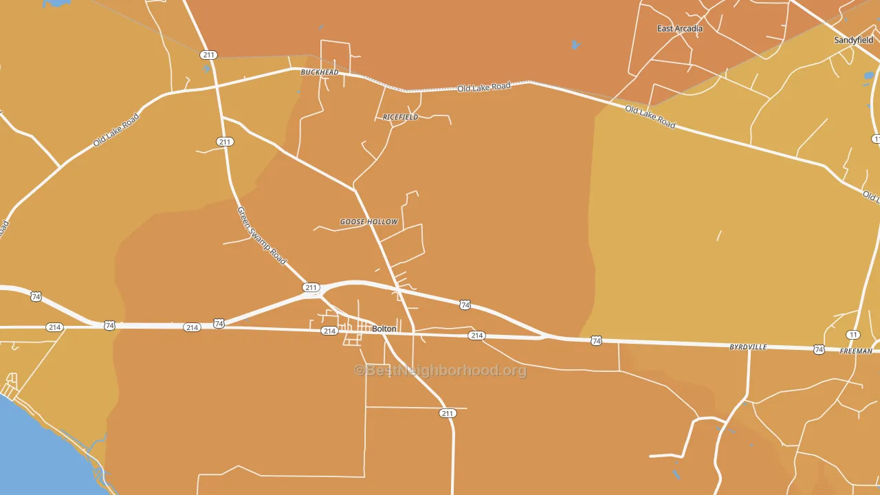 Map of the best neighborhoods in the Bolton area, with better matches in green and worse matches in red