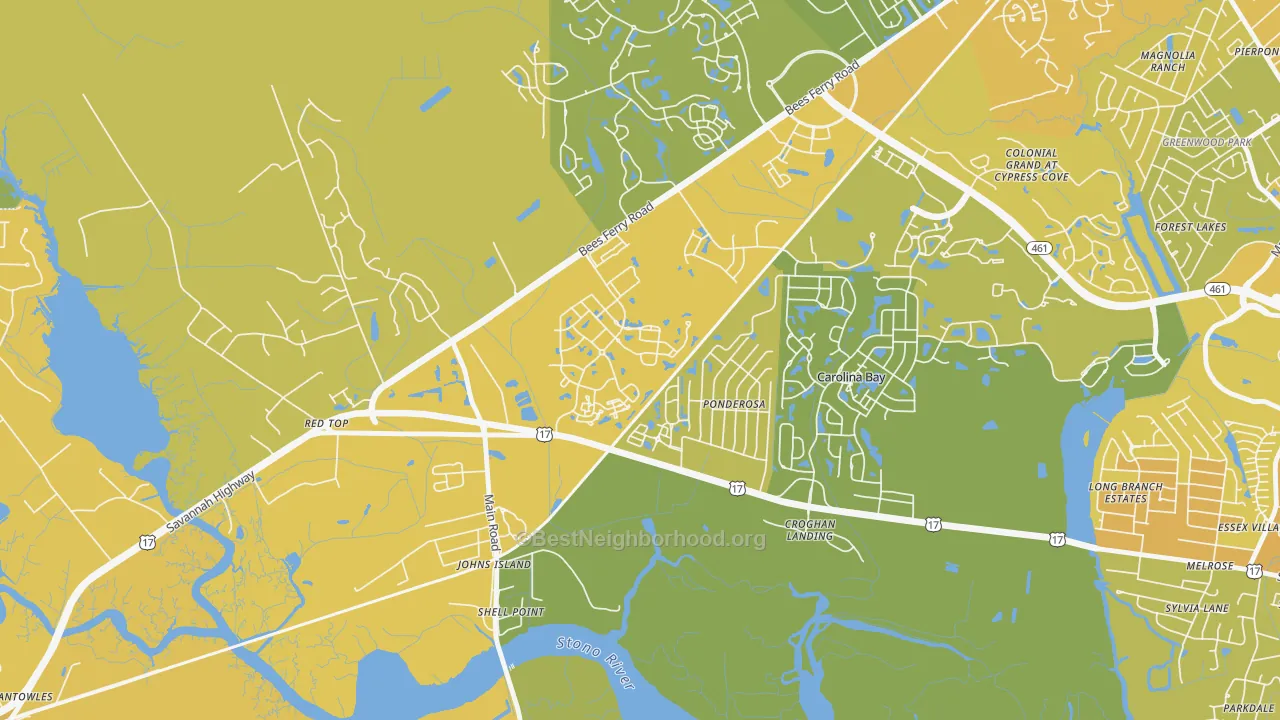Map of the best neighborhoods in the Boltons Landing, Charleston area, with better matches in green and worse matches in red