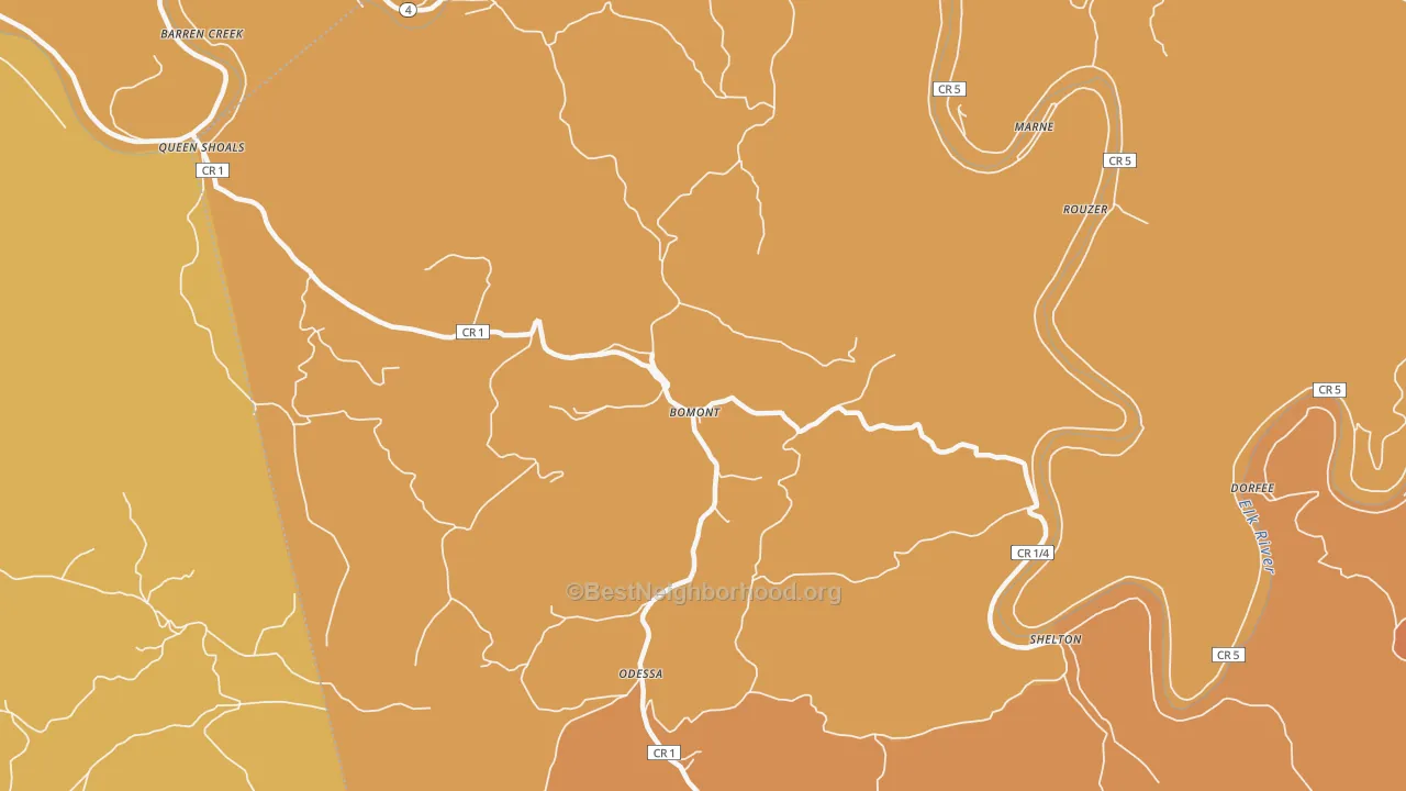 Map of the best neighborhoods in the Bomont area, with better matches in green and worse matches in red