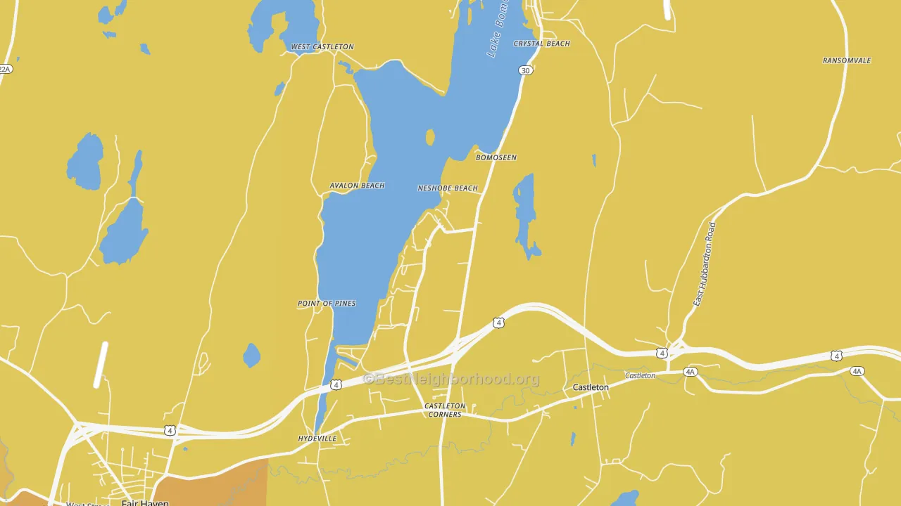 Map of the best neighborhoods in the Bomoseen area, with better matches in green and worse matches in red