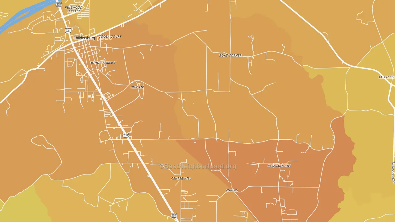 Map of the best neighborhoods in the Bon Air area, with better matches in green and worse matches in red