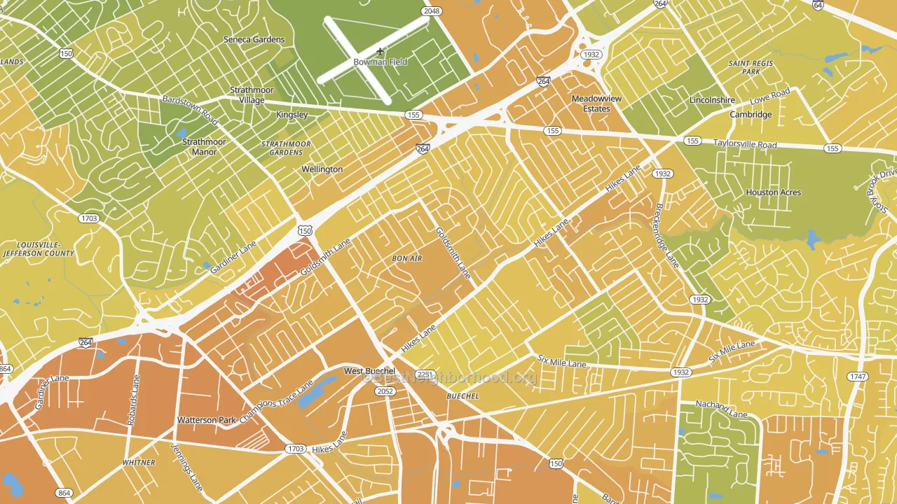 Map of the best neighborhoods in the Bon Air, Louisville area, with better matches in green and worse matches in red