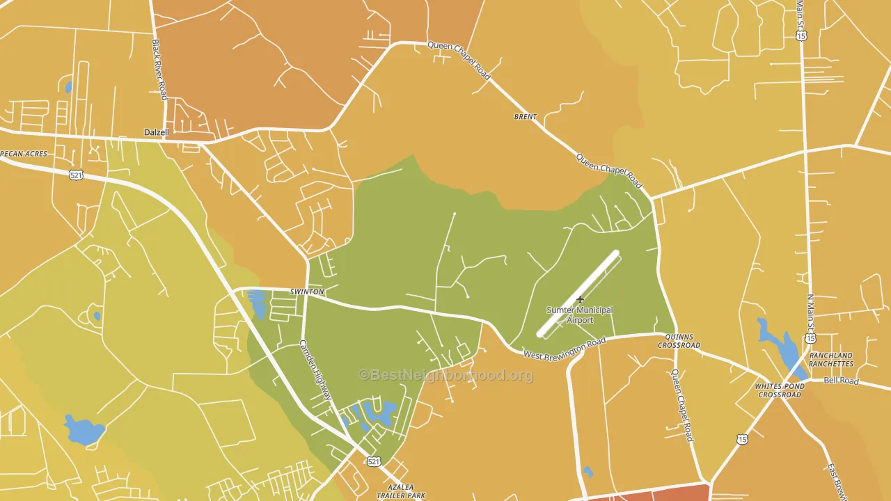 Map of the best neighborhoods in the Bon Air Terrace area, with better matches in green and worse matches in red