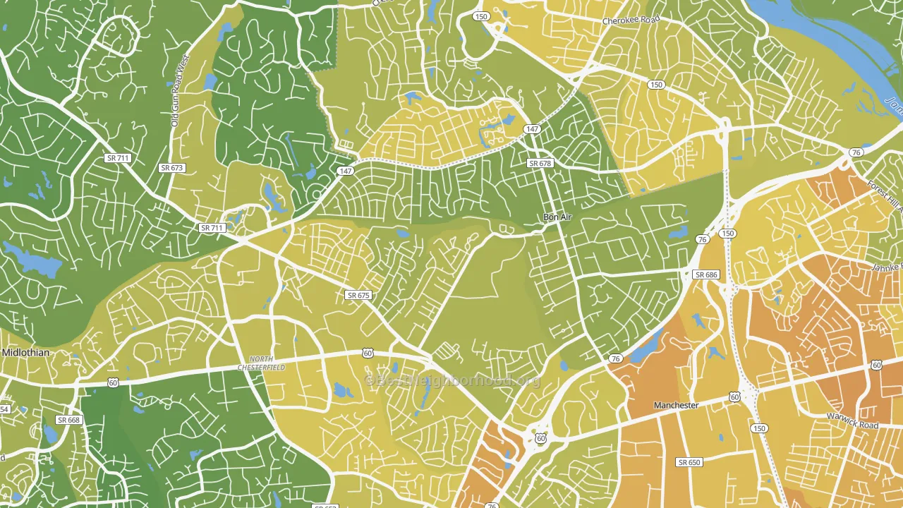 Map of the best neighborhoods in the Bon Air area, with better matches in green and worse matches in red
