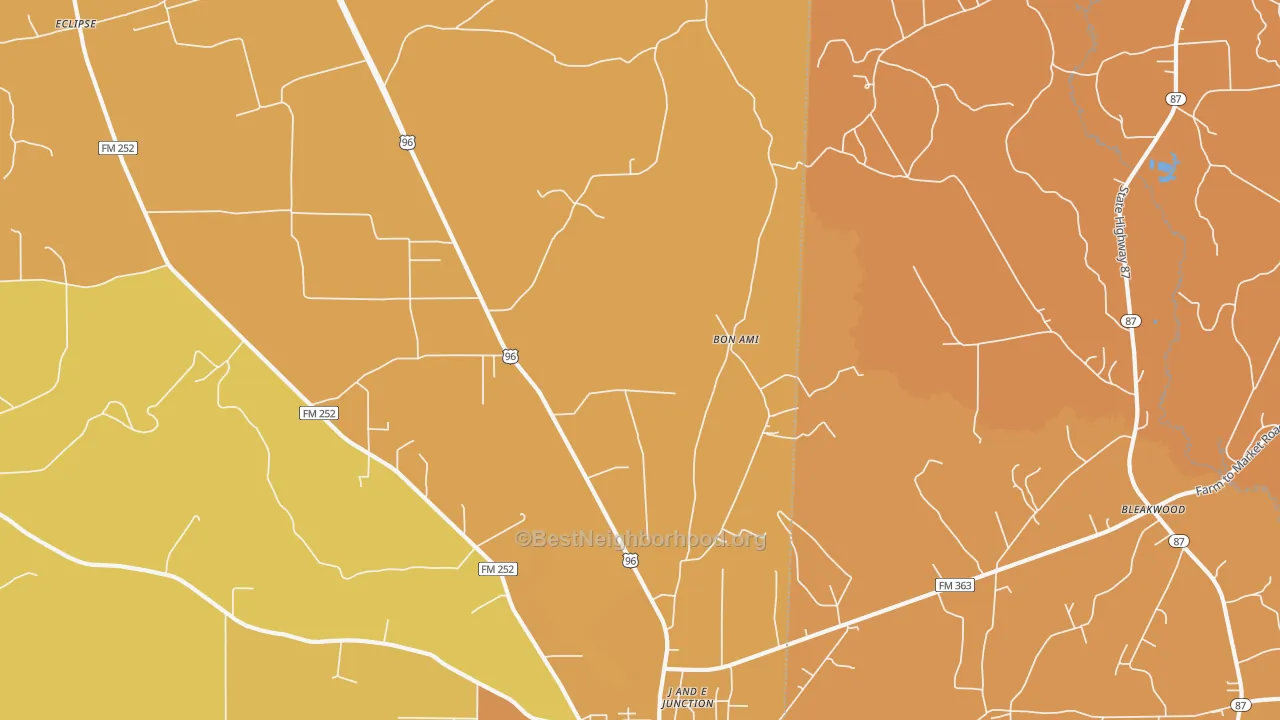 Map of the best neighborhoods in the Bon Ami area, with better matches in green and worse matches in red